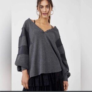 WE THE FREE Top M Callisto Henley Thermal Waffle Long Sleeve FREE PEOPLE Gray